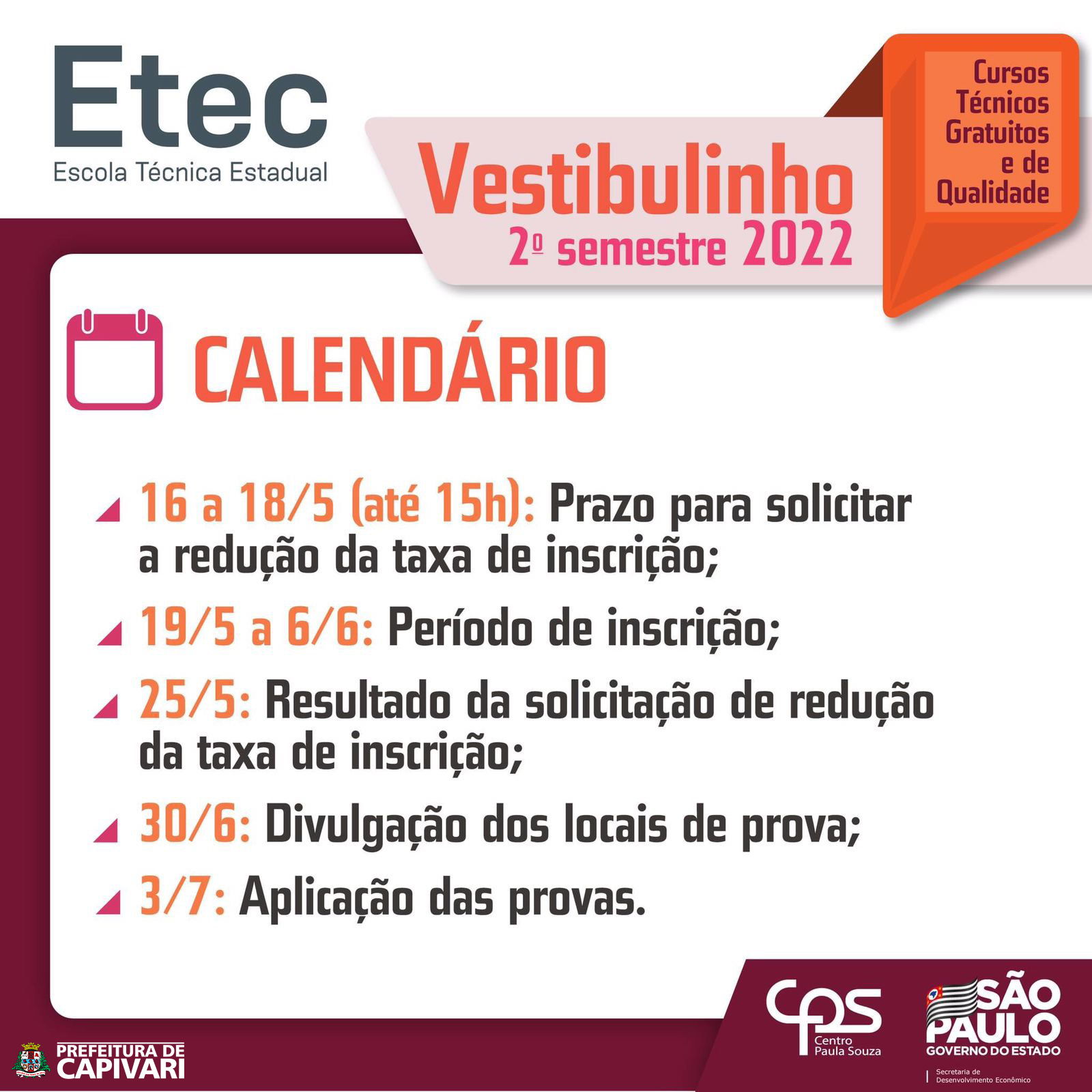 Período de inscrições para o segundo semestre da ETEC Capivari se inicia nesta quinta, dia 19