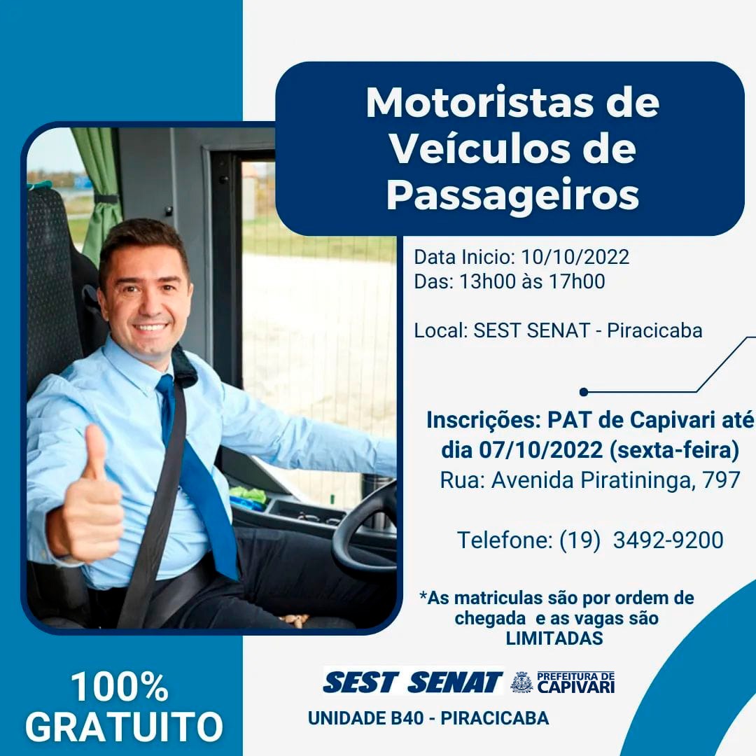 Prefeitura de Capivari anuncia cursos de “Motorista de Veículos com Passageiros” e “Assistente Administrativo”