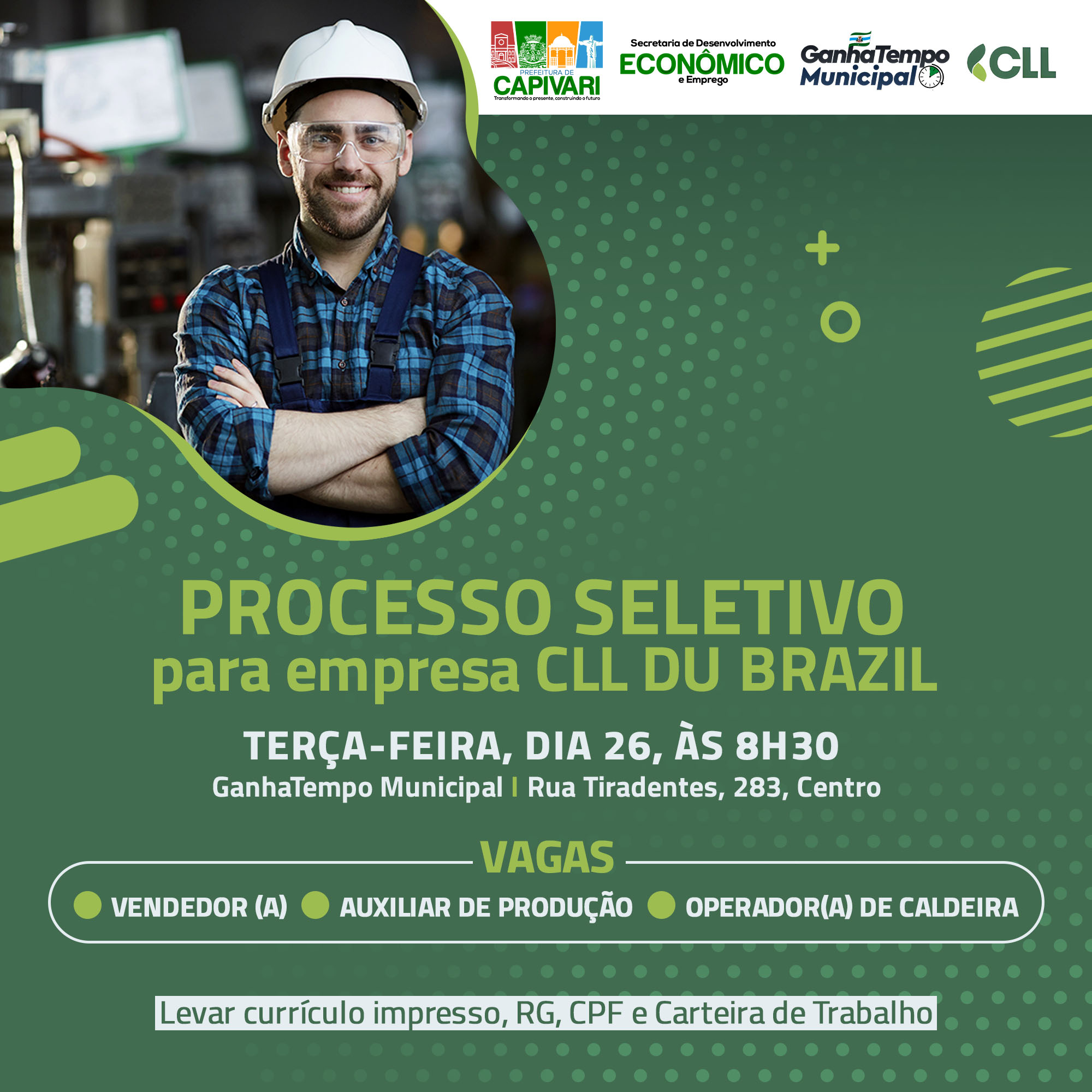 PAT Capivari organiza processo seletivo para a empresa CLL DU Brasil nesta terça-feira, dia 26