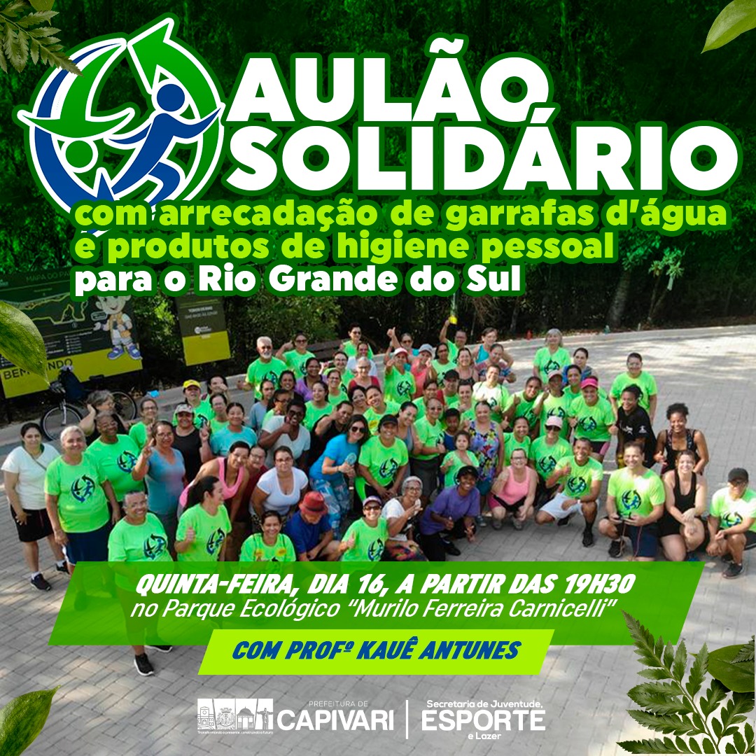 Secretaria de Esportes anuncia ‘Aulão Solidário’ para arrecadação de itens para o Rio Grande do Sul nesta quinta-feira