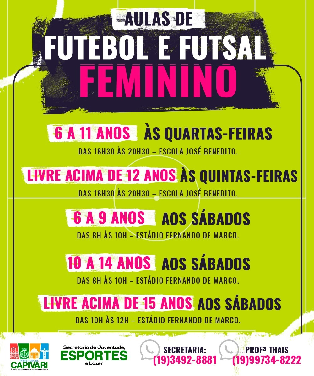 Secretaria de Esportes abre inscrições para aulas de Futebol e Futsal feminino voltadas ao público infantojuvenil