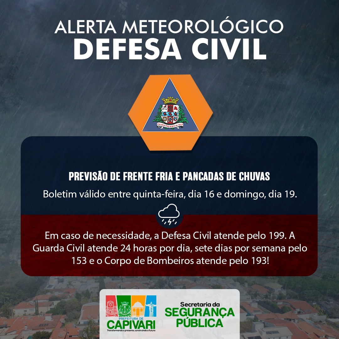 Defesa Civil do Estado emite alerta para previsão de frente fria e pancadas de chuvas entre esta quinta-feira, dia 16, e domingo, dia 19