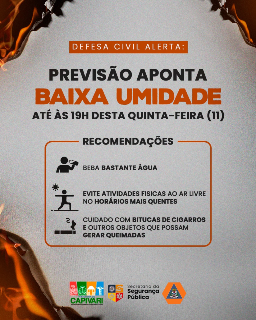 Defesa Civil do Estado emite alerta de baixa umidade
