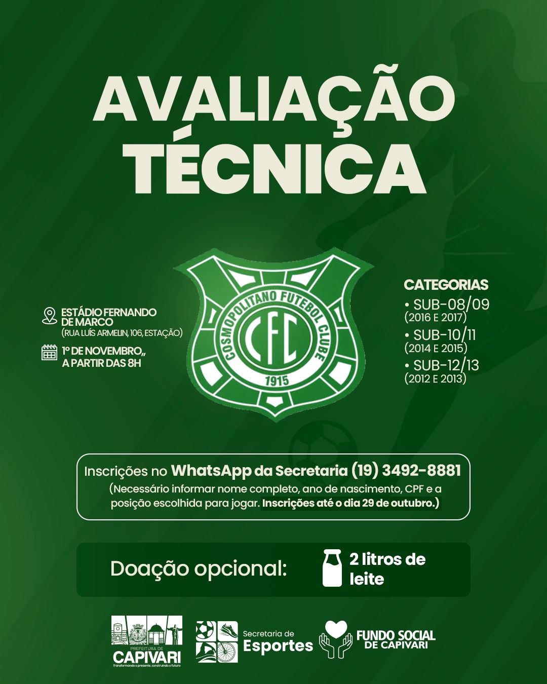 Cosmopolitano Futebol Clube organiza avaliação técnica em Capivari no dia 1 de novembro