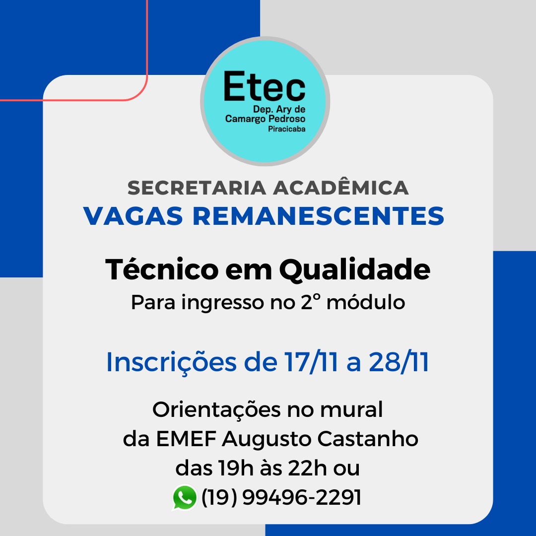 Etec Capivari anuncia convocação para vagas remanescentes dos cursos de Técnico em Administração e Qualidade