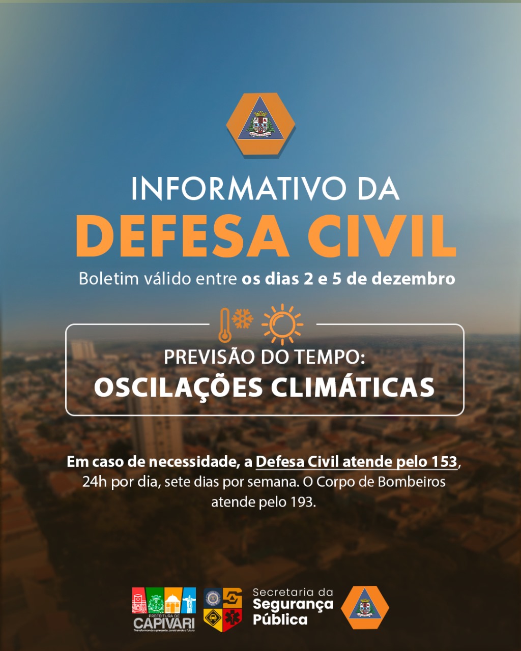 Defesa Civil emite alerta para mudanças no tempo entre 2 e 5 de dezembro