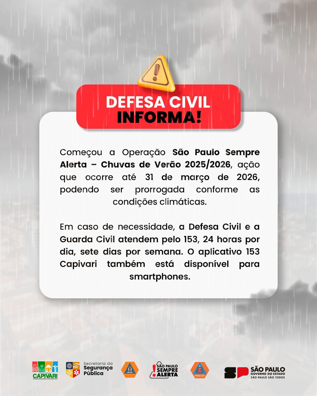 Capivari inicia ‘Operação São Paulo Sempre Alerta’ para o período de chuvas