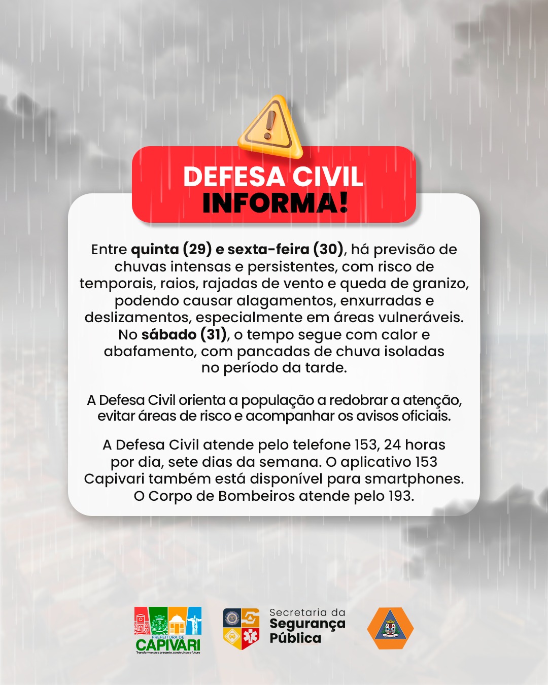 Defesa Civil emite alerta para mudanças no tempo entre os dias 29 e 31 de janeiro