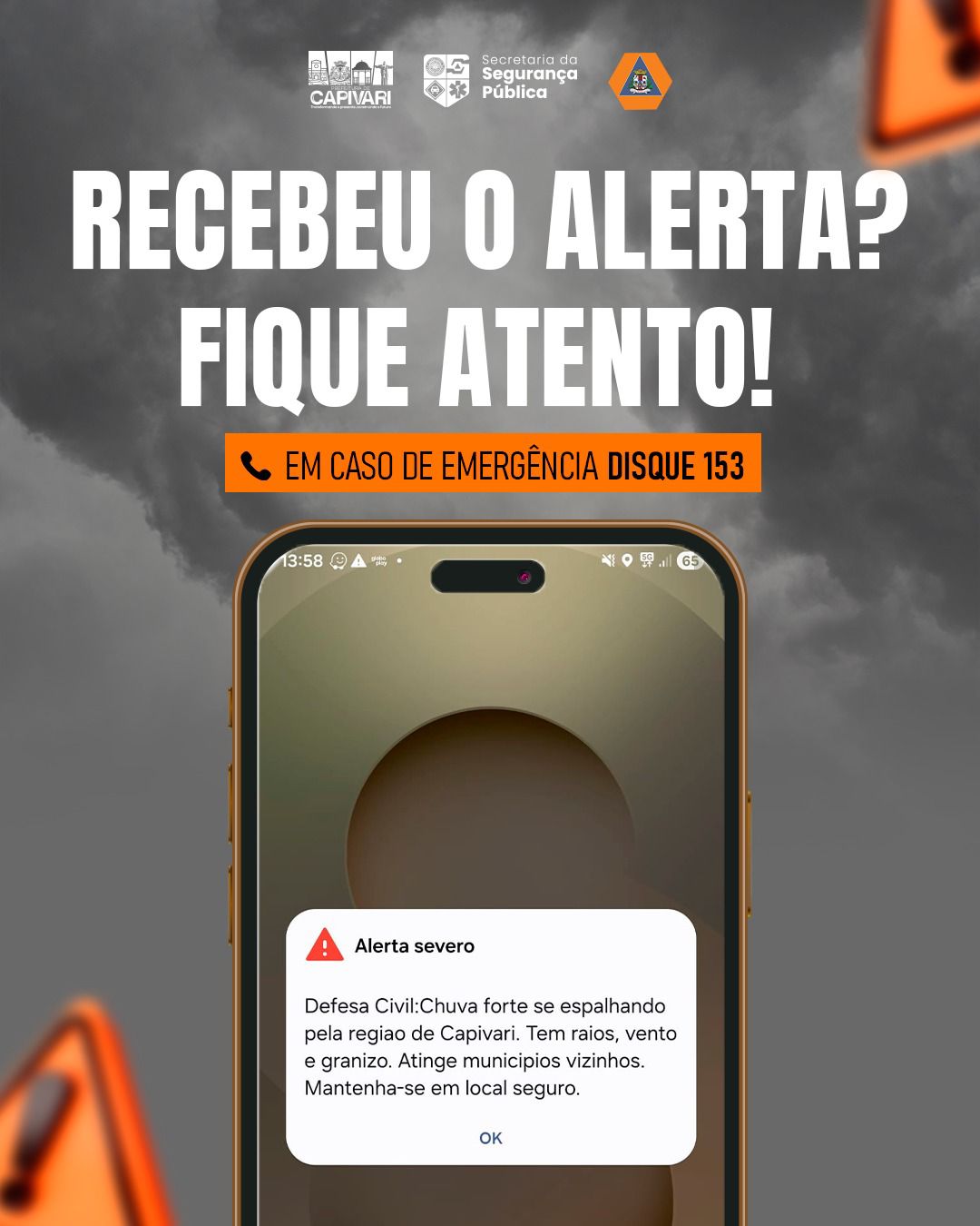 Defesa Civil emite alerta de tempestade com risco de raios, vento forte e granizo em Capivari