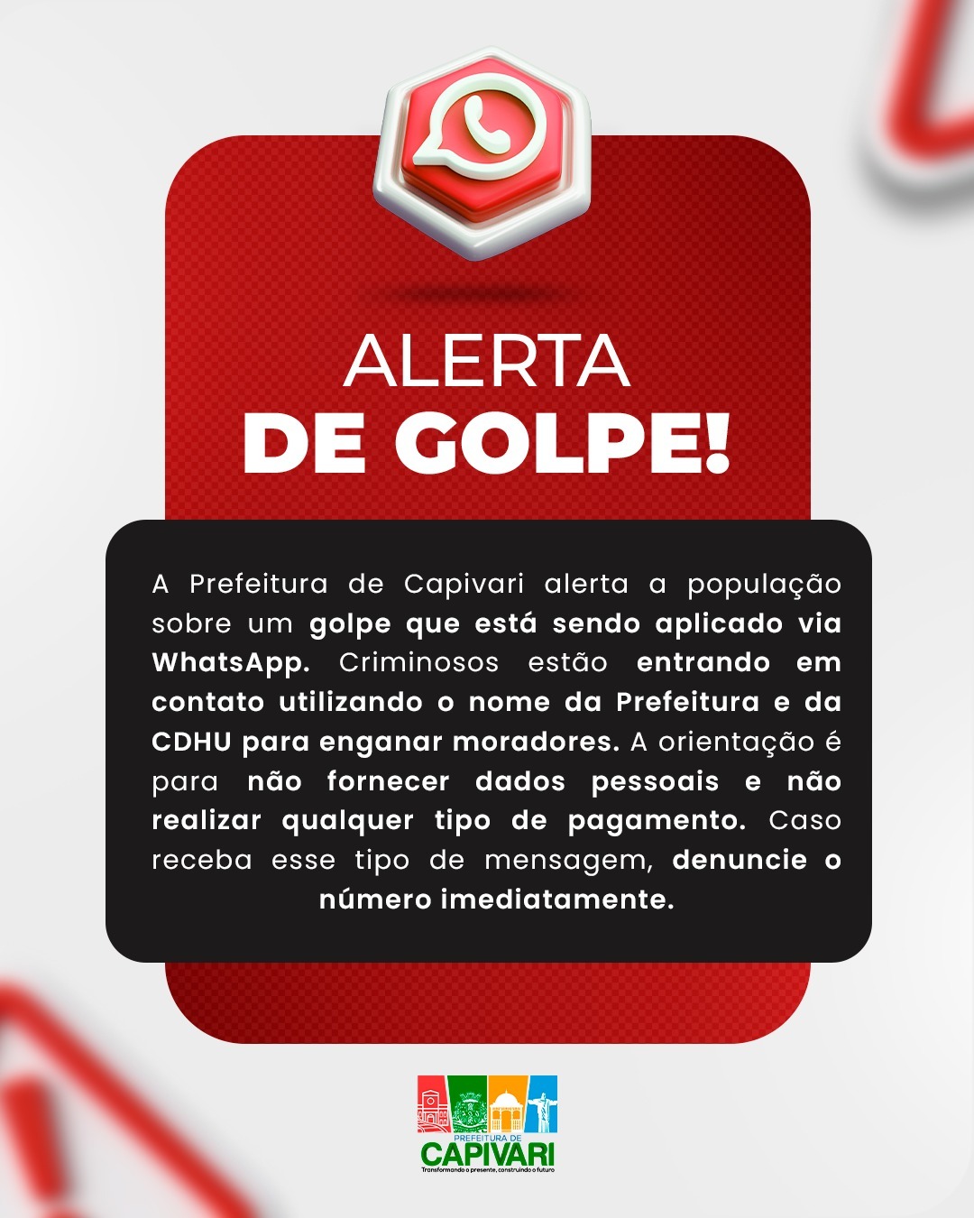 Prefeitura de Capivari emite alerta sobre tentativa de fraude envolvendo seu nome e o da CDHU