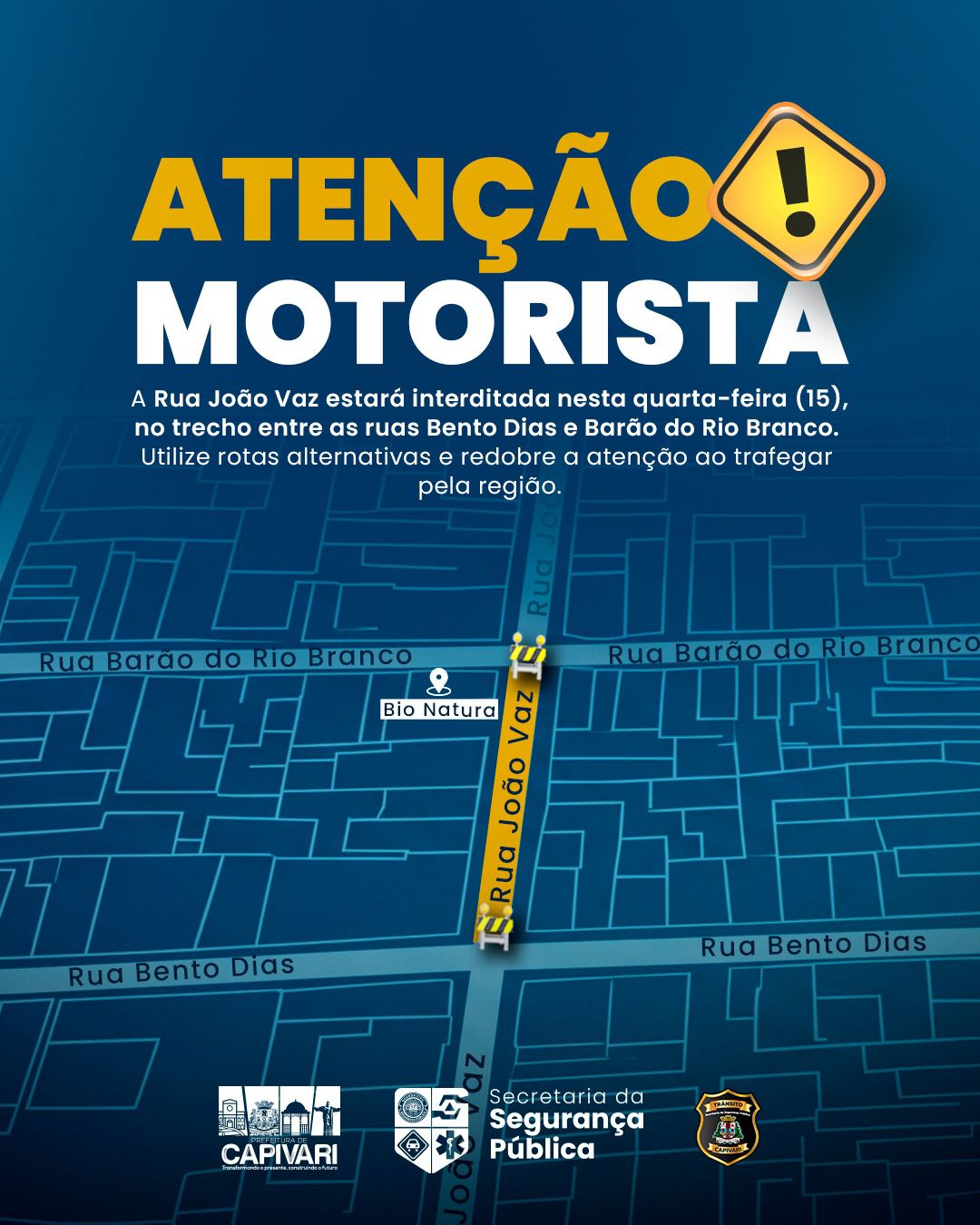 Trecho da Rua João Vaz tem interdição temporária para execução de serviço nesta quarta-feira